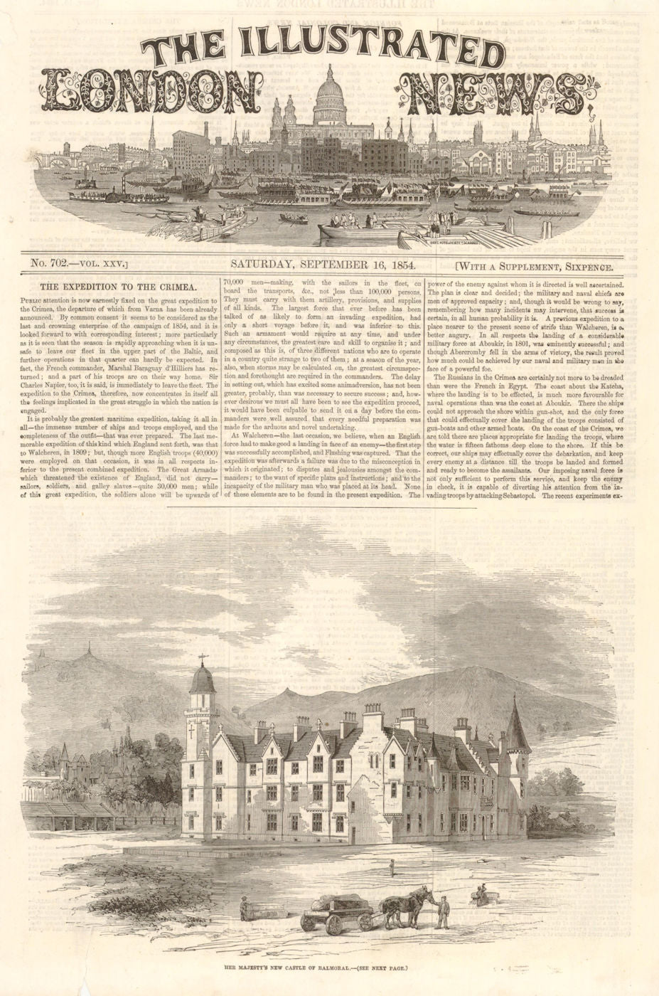 Queen Victoria's New Castle of Balmoral. Scotland 1854 old antique print